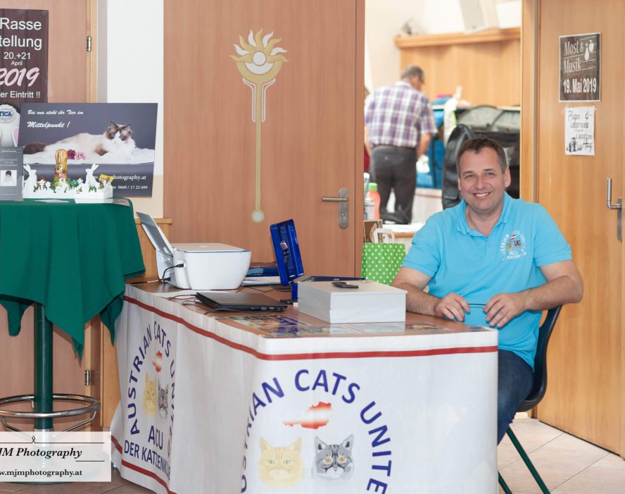 Mann sitzt an Informationsstand von Austrian Cats United während einer Katzenausstellung.